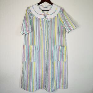 National Vtg Seersucker House Coat Gown Womens Lightweight Pastel Stripes L-XL